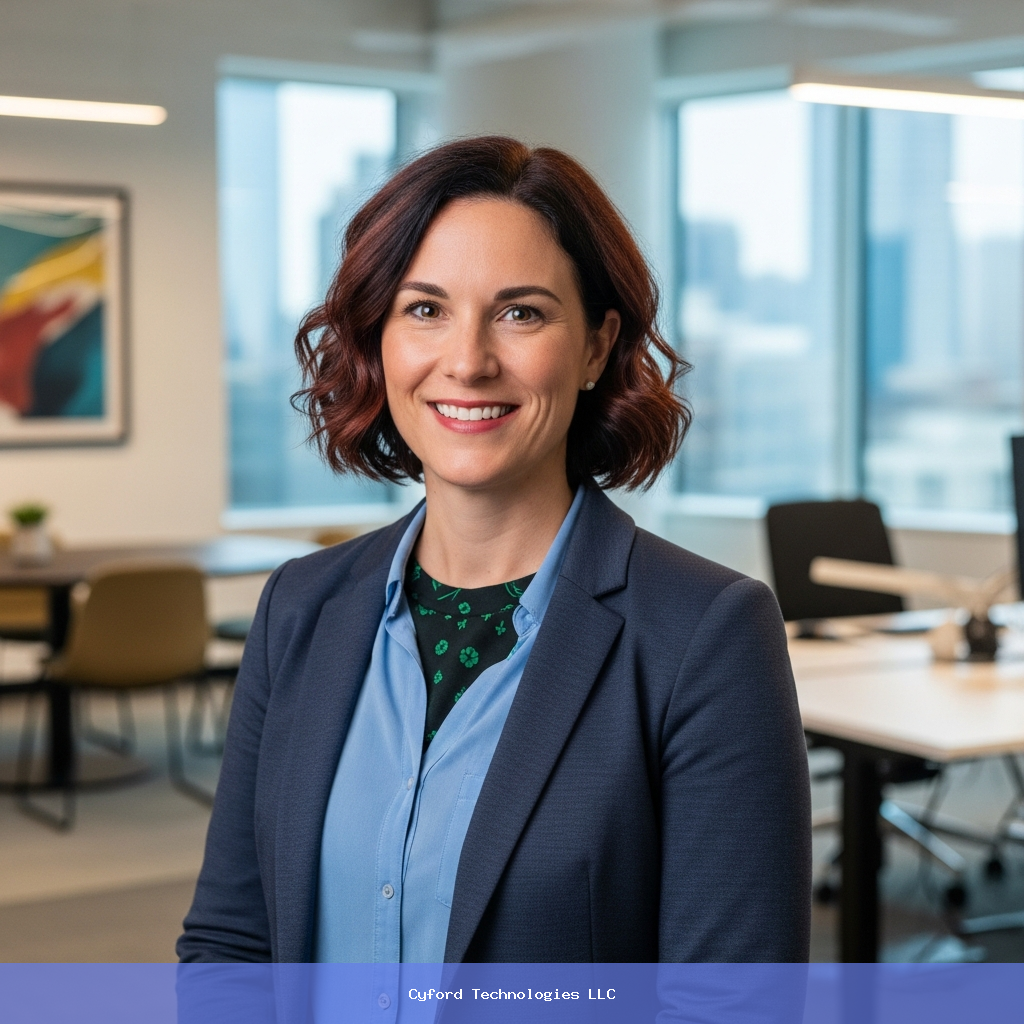 professional headshot of female tech editor in modern office